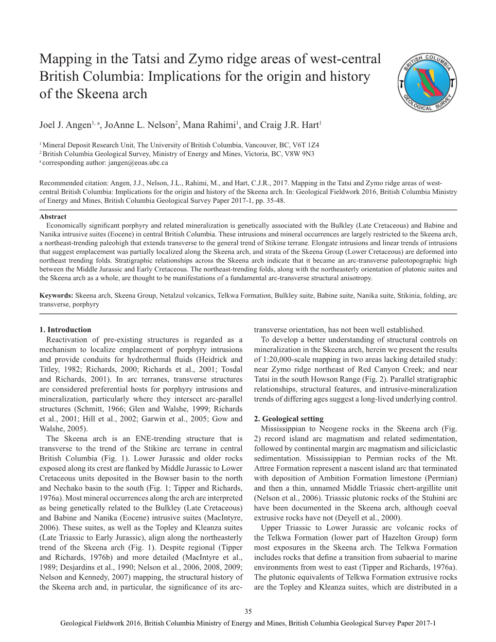 Mapping in the Tatsi and Zymo Ridge Areas of West-Central British Columbia: Implications for the Origin and History of the Skeena Arch