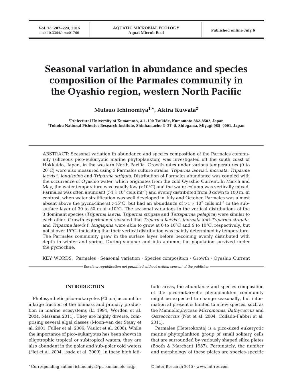 Seasonal Variation in Abundance and Species Composition of the Parmales Community in the Oyashio Region, Western North Pacific