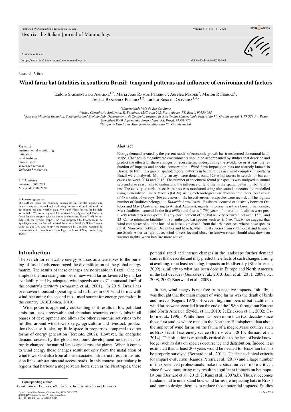 Wind Farm Bat Fatalities in Southern Brazil: Temporal Patterns and Inﬂuence of Environmental Factors