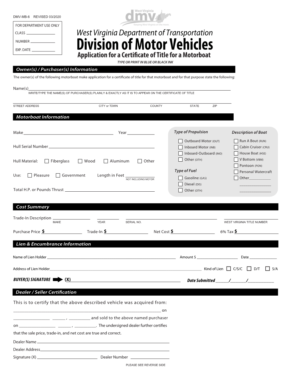 Application for a Certificate of Title for a Motor Boat