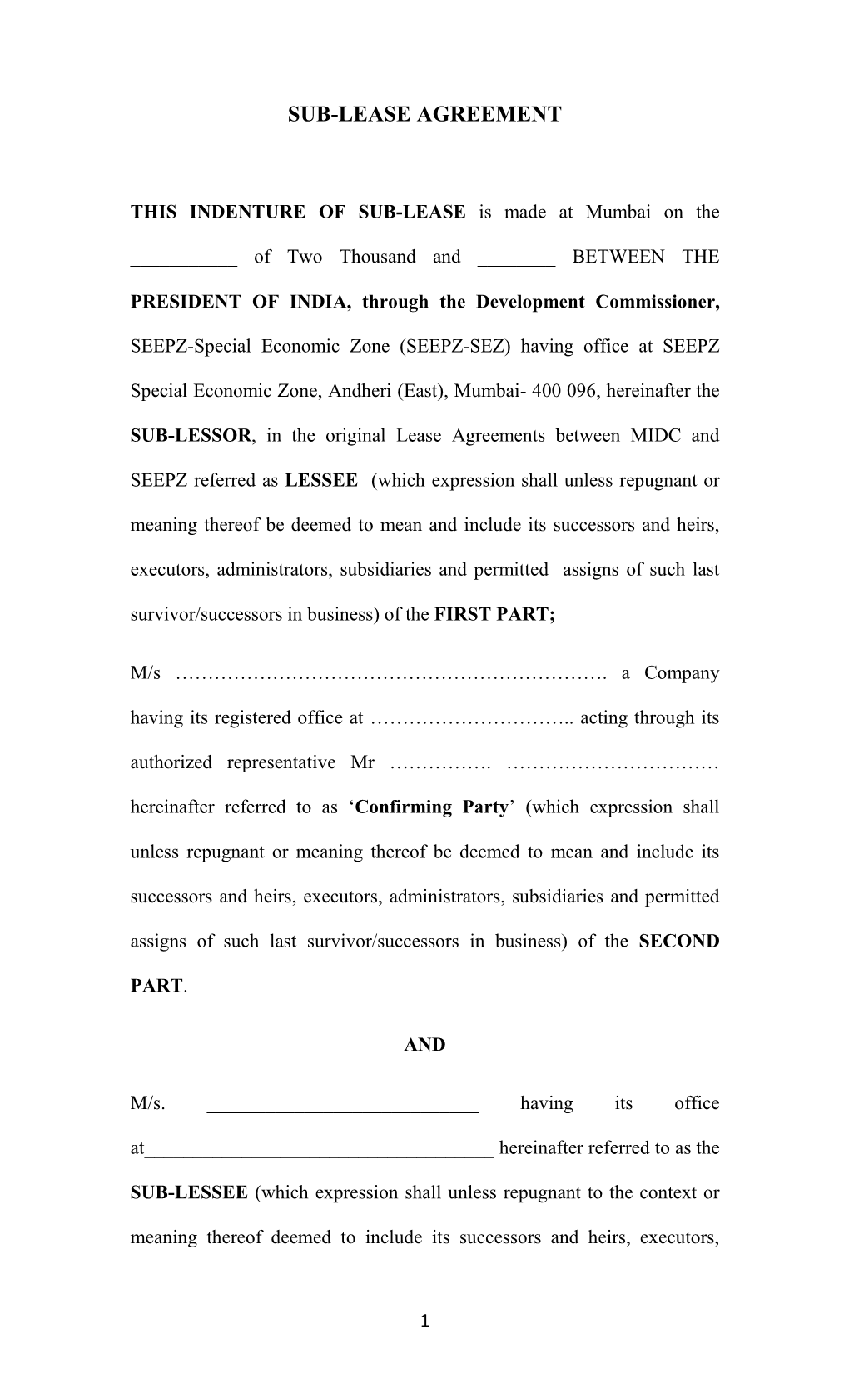 Sub-Lease Agreement