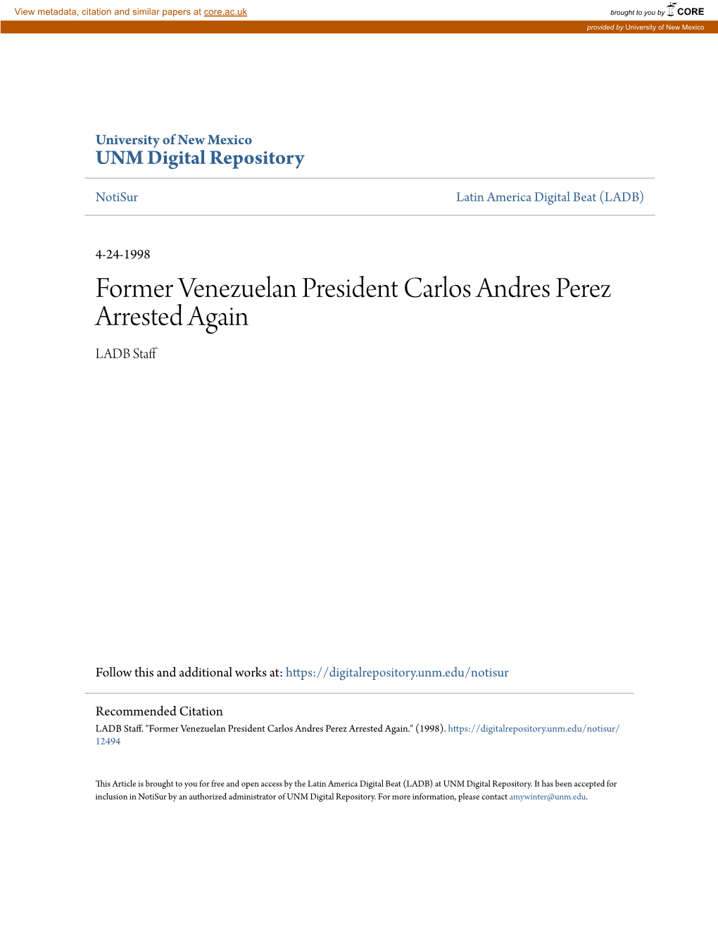 Former Venezuelan President Carlos Andres Perez Arrested Again LADB Staff