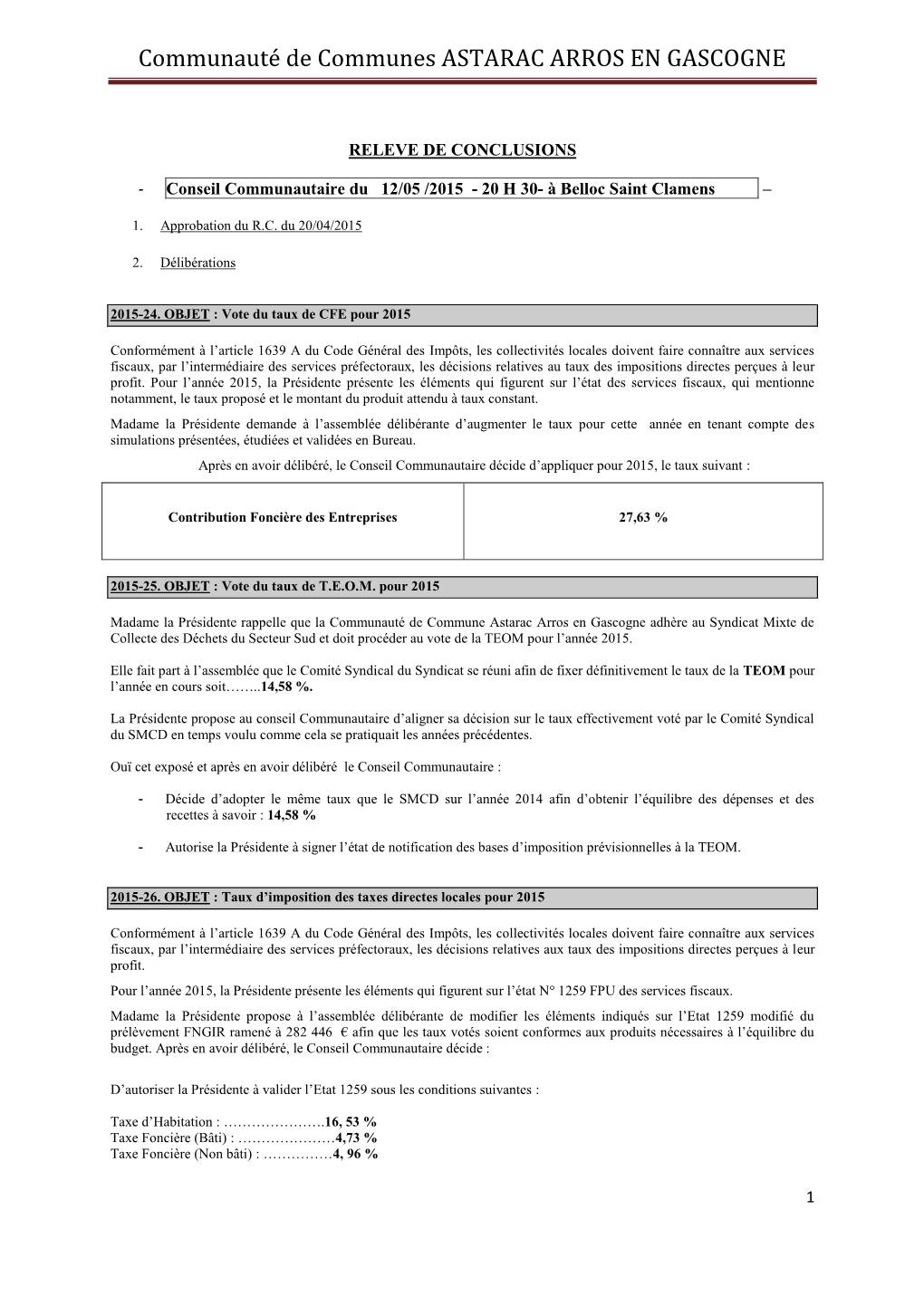 Conseil Communautaire 12 05 2015 À Belloc Saint Clamens