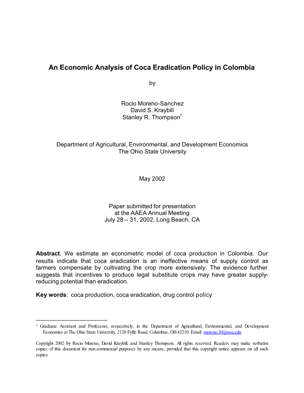 An Economic Analysis of Coca Eradication Policy in Colombia