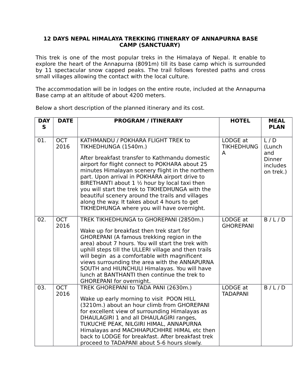 12 Days Nepal Himalaya Trekking Itinerary of Annapurna Base Camp (Sanctuary)