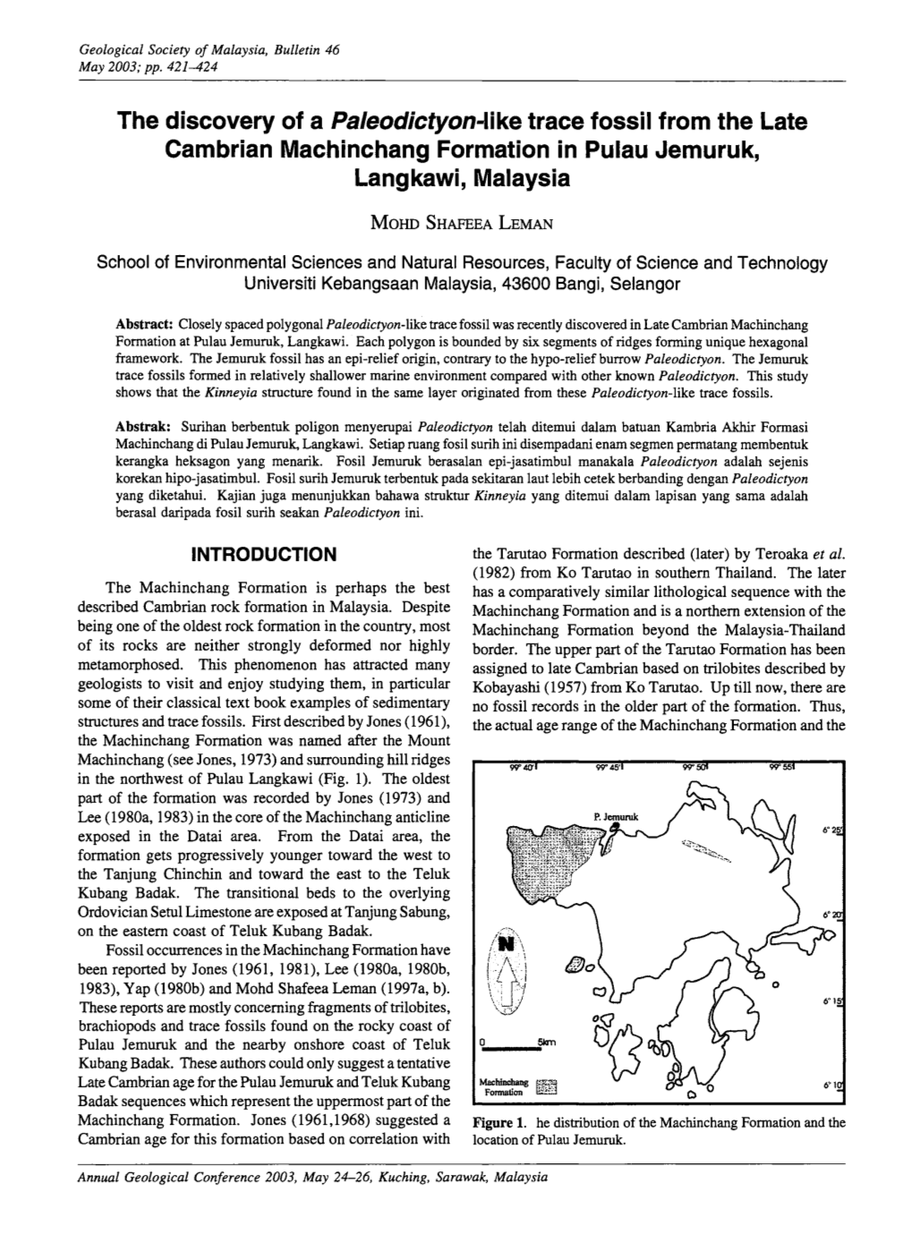 The Discovery of a Paleodictyon-Like Trace Fossil from the Late Cambrian Machinchang Formation in Pulau Jemuruk, Langkawi, Malaysia