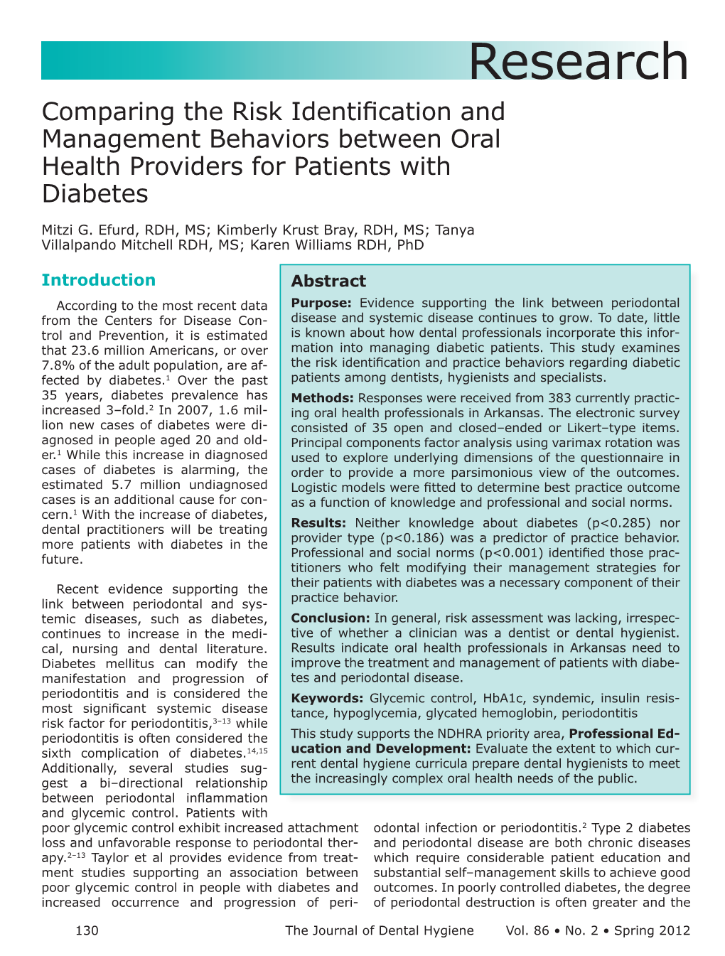 Research Comparing the Risk Identification and Management Behaviors Between Oral Health Providers for Patients with Diabetes