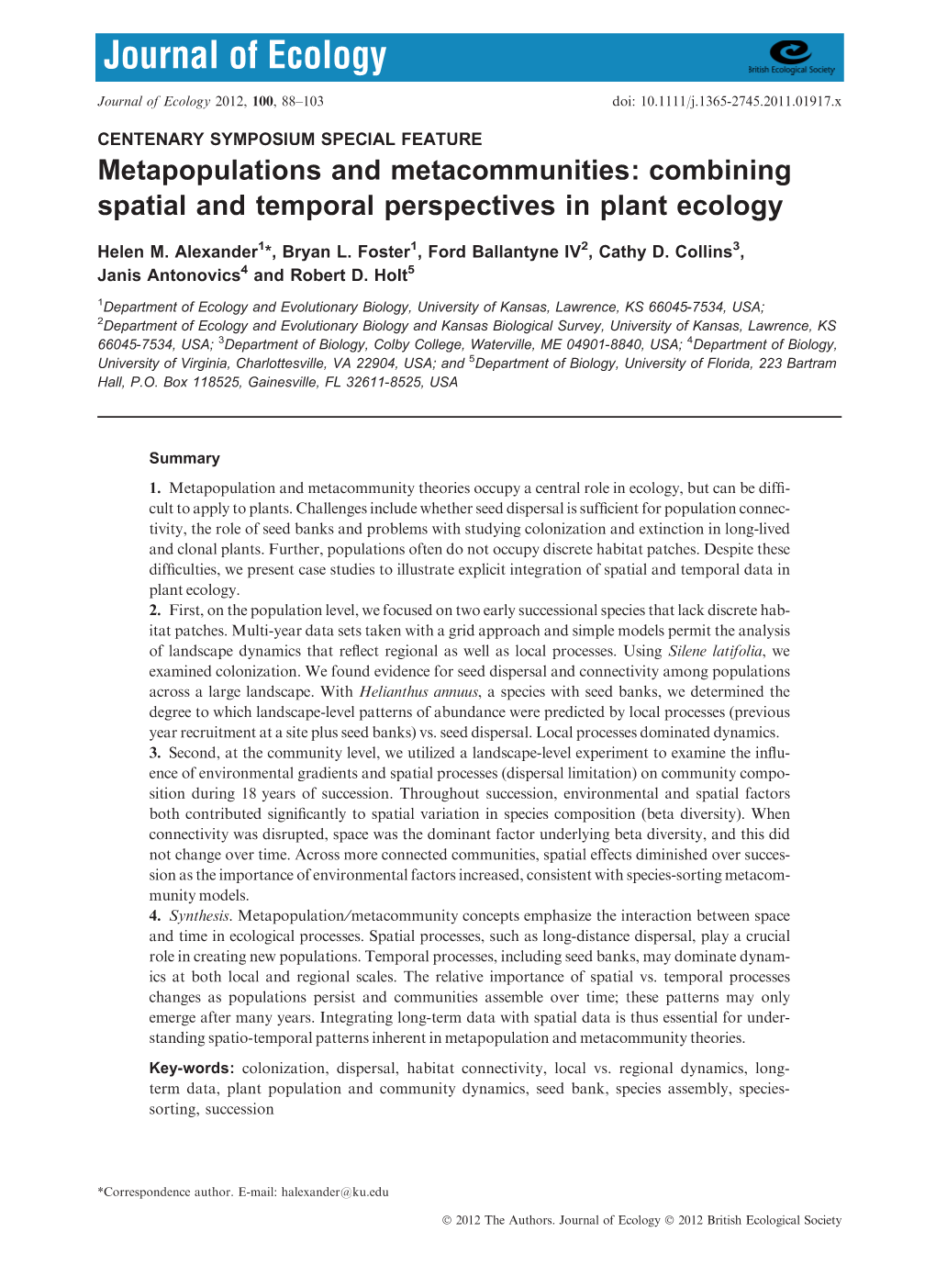 Metapopulations and Metacommunities: Combining Spatial and Temporal Perspectives in Plant Ecology