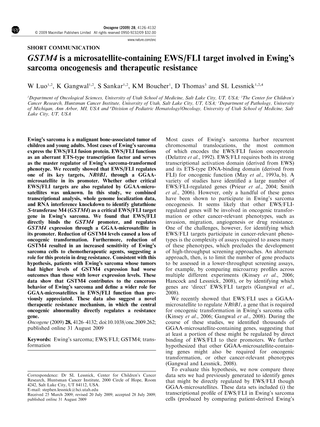 GSTM4 Is a Microsatellite-Containing EWS&Sol;FLI Target Involved in Ewing&Apos;S Sarcoma Oncogenesis and Therapeutic