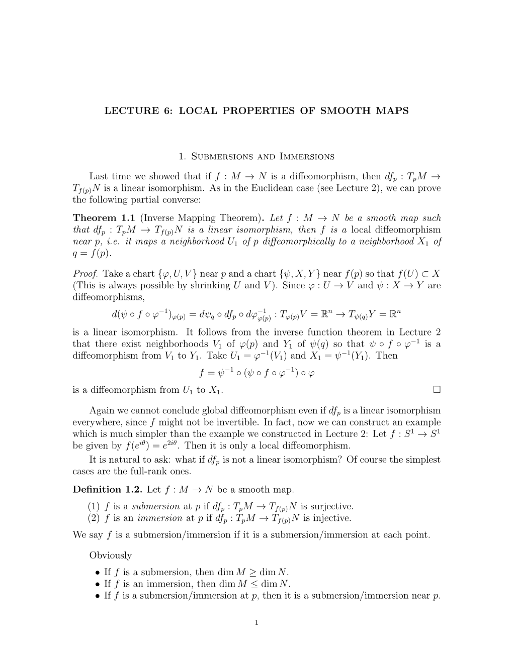 LOCAL PROPERTIES of SMOOTH MAPS 1. Submersions And