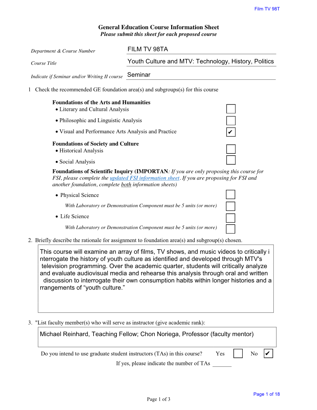 General Education Course Information Sheet FILM TV 98TA Youth Culture