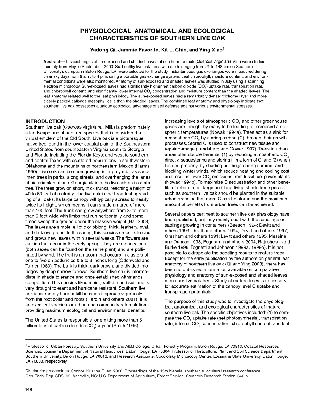 Physiological, Anatomical, and Ecological Characteristics of Southern Live Oak