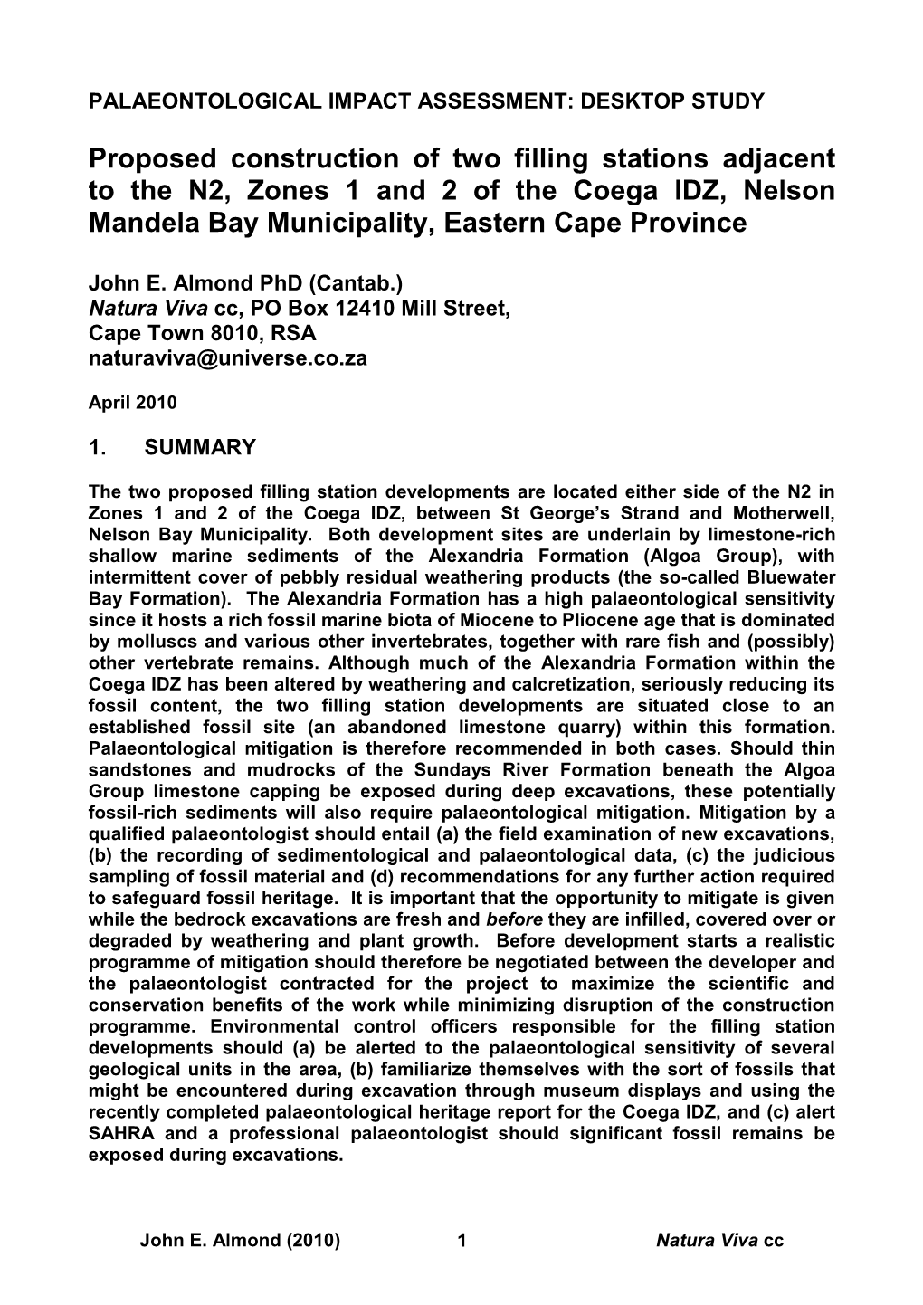 Palaeontological Impact Assessment: Desktop Study