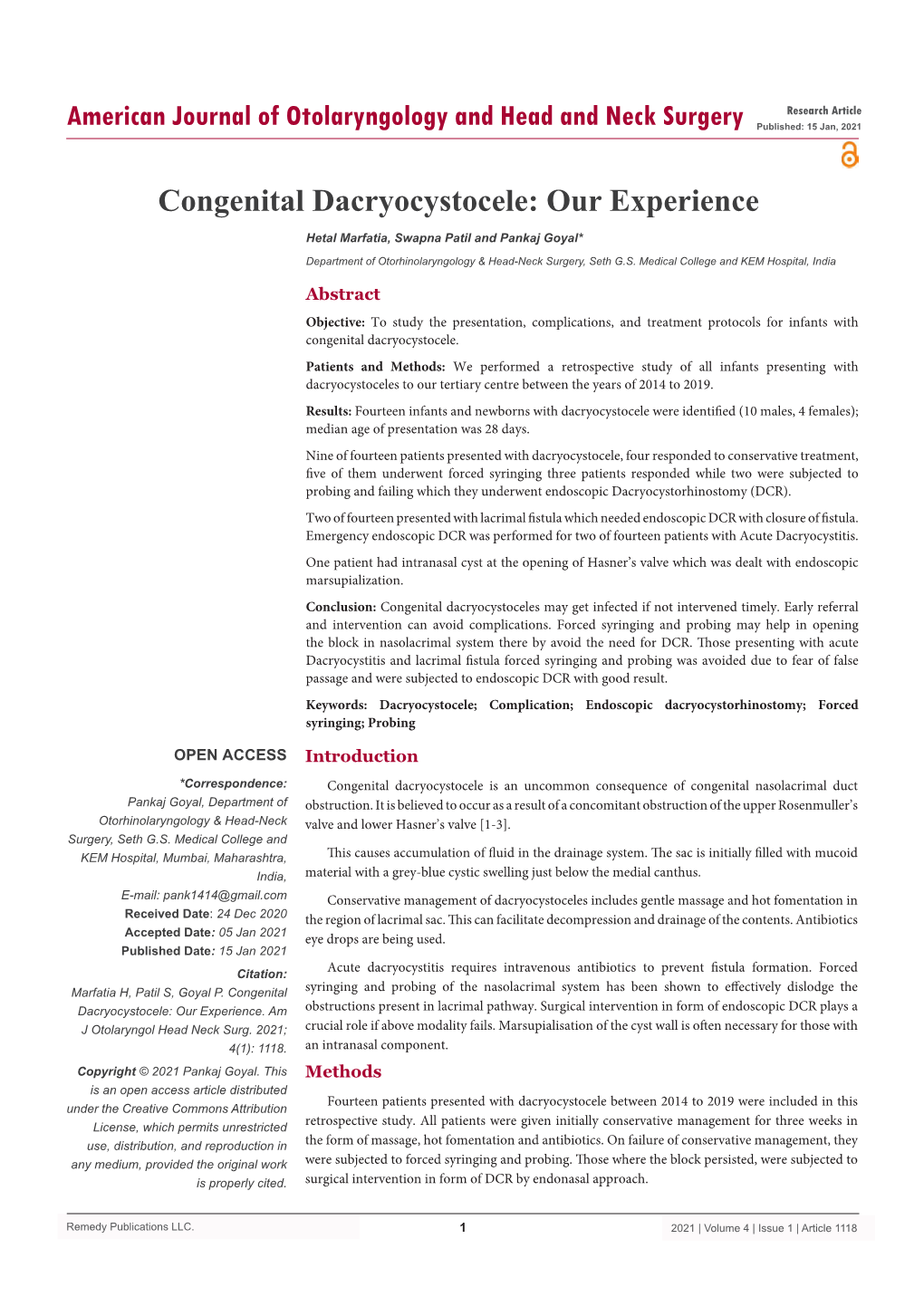 Congenital Dacryocystocele: Our Experience