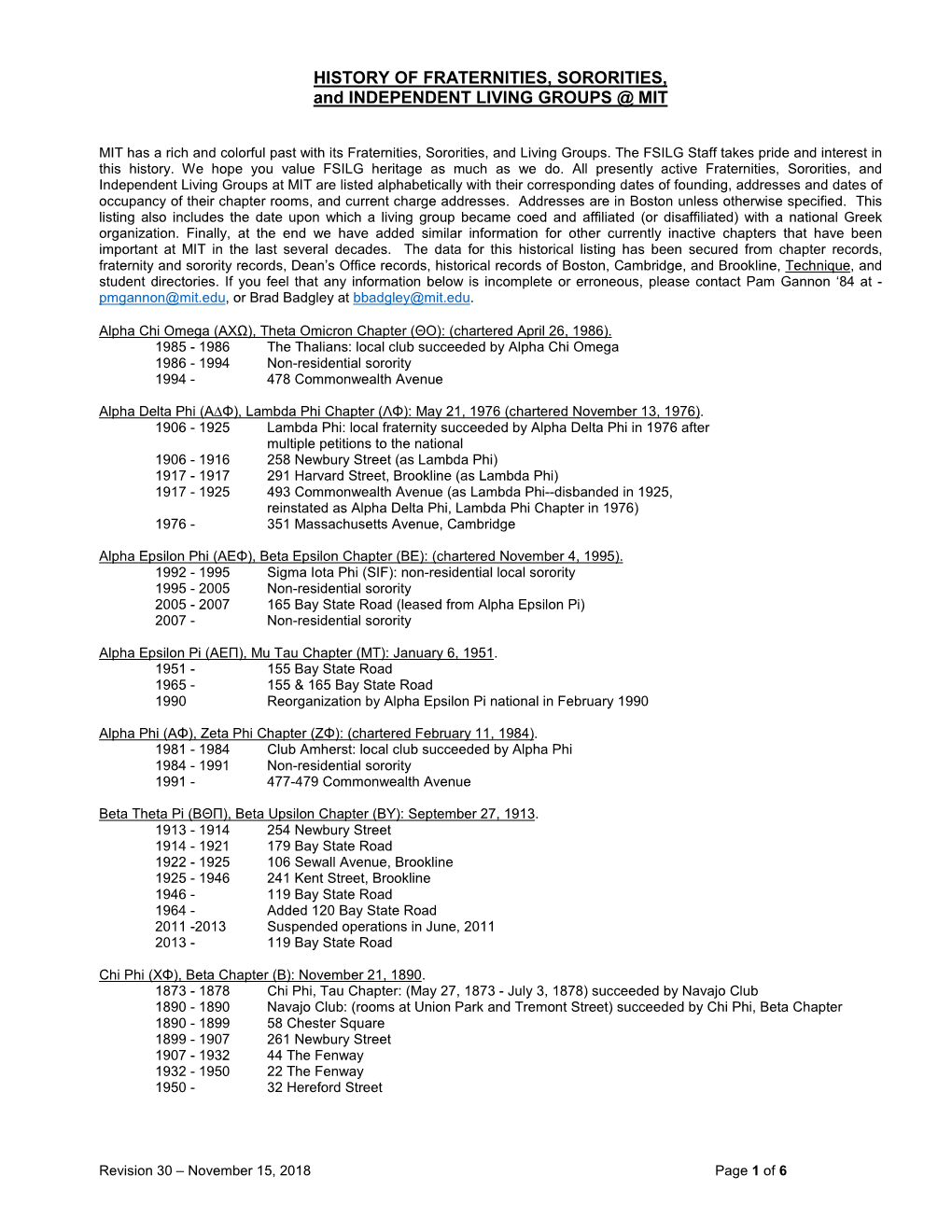 HISTORY of FRATERNITIES, SORORITIES, and INDEPENDENT LIVING GROUPS @ MIT