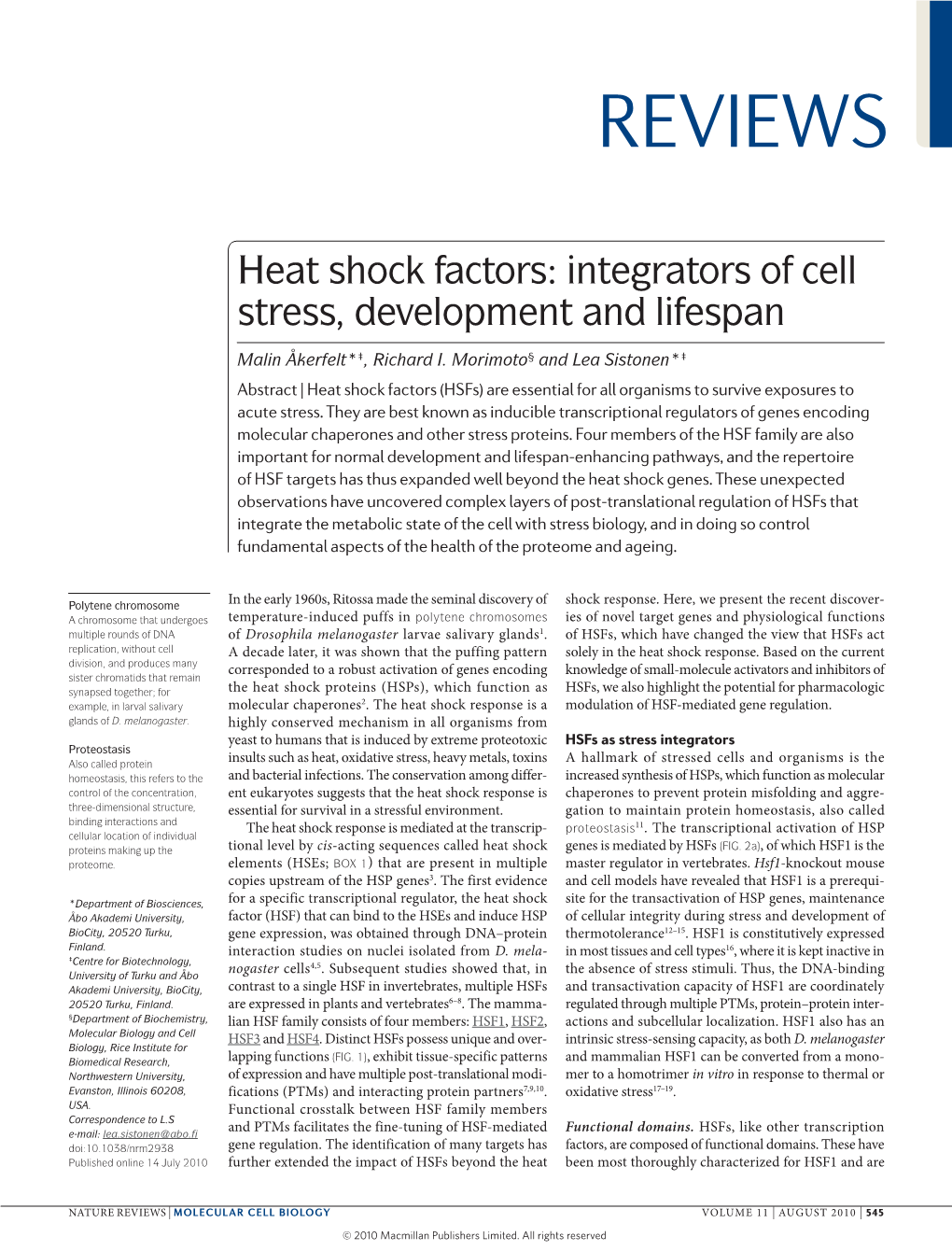 Heat Shock Factors: Integrators of Cell Stress, Development and Lifespan