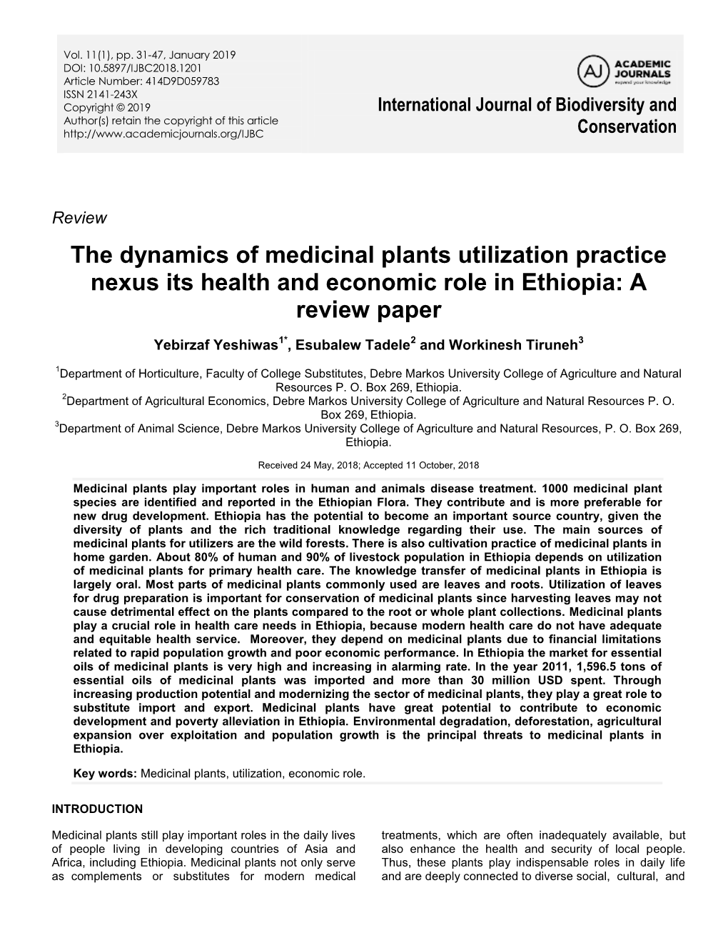 The Dynamics of Medicinal Plants Utilization Practice Nexus Its Health and Economic Role in Ethiopia: a Review Paper