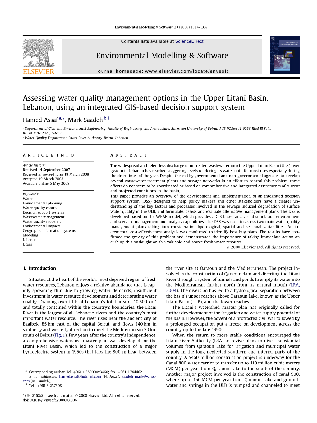 Assessing Water Quality Management Options in the Upper Litani Basin, Lebanon, Using an Integrated GIS-Based Decision Support System