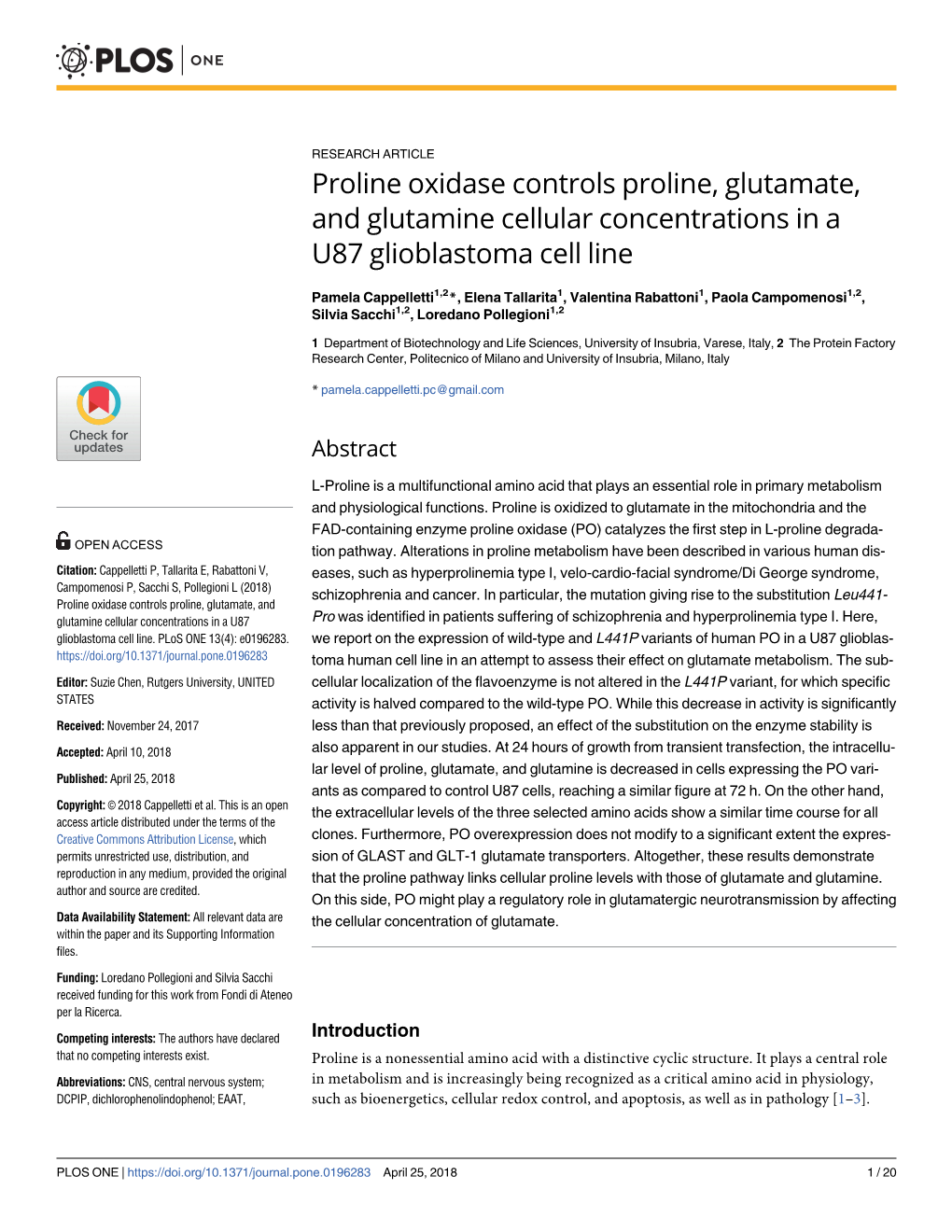 Proline Oxidase Controls Proline, Glutamate, and Glutamine Cellular Concentrations in a U87 Glioblastoma Cell Line