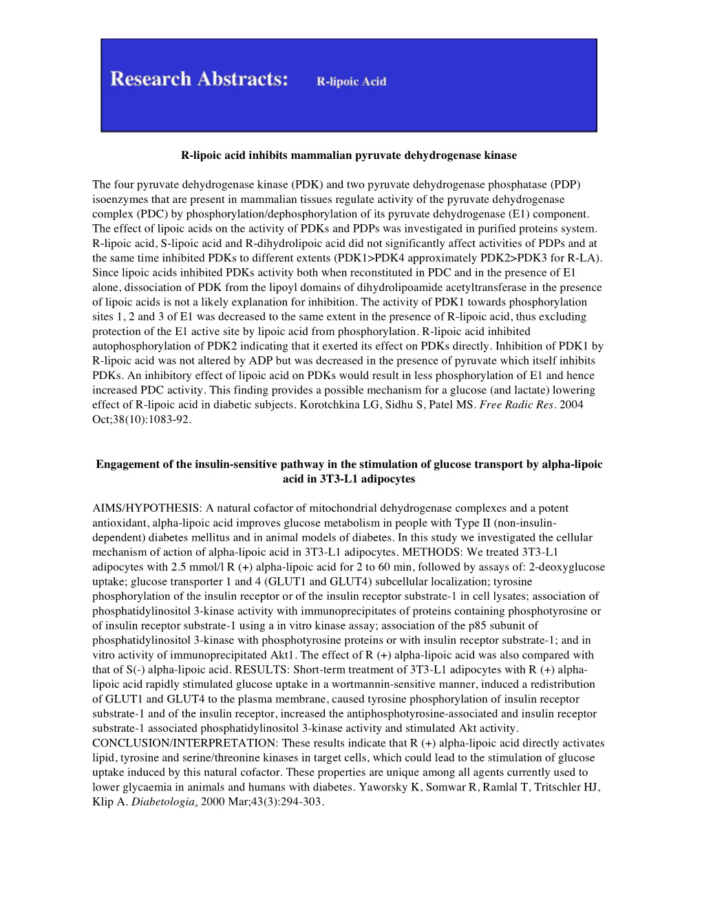 R-Lipoic Acid Inhibits Mammalian Pyruvate Dehydrogenase Kinase