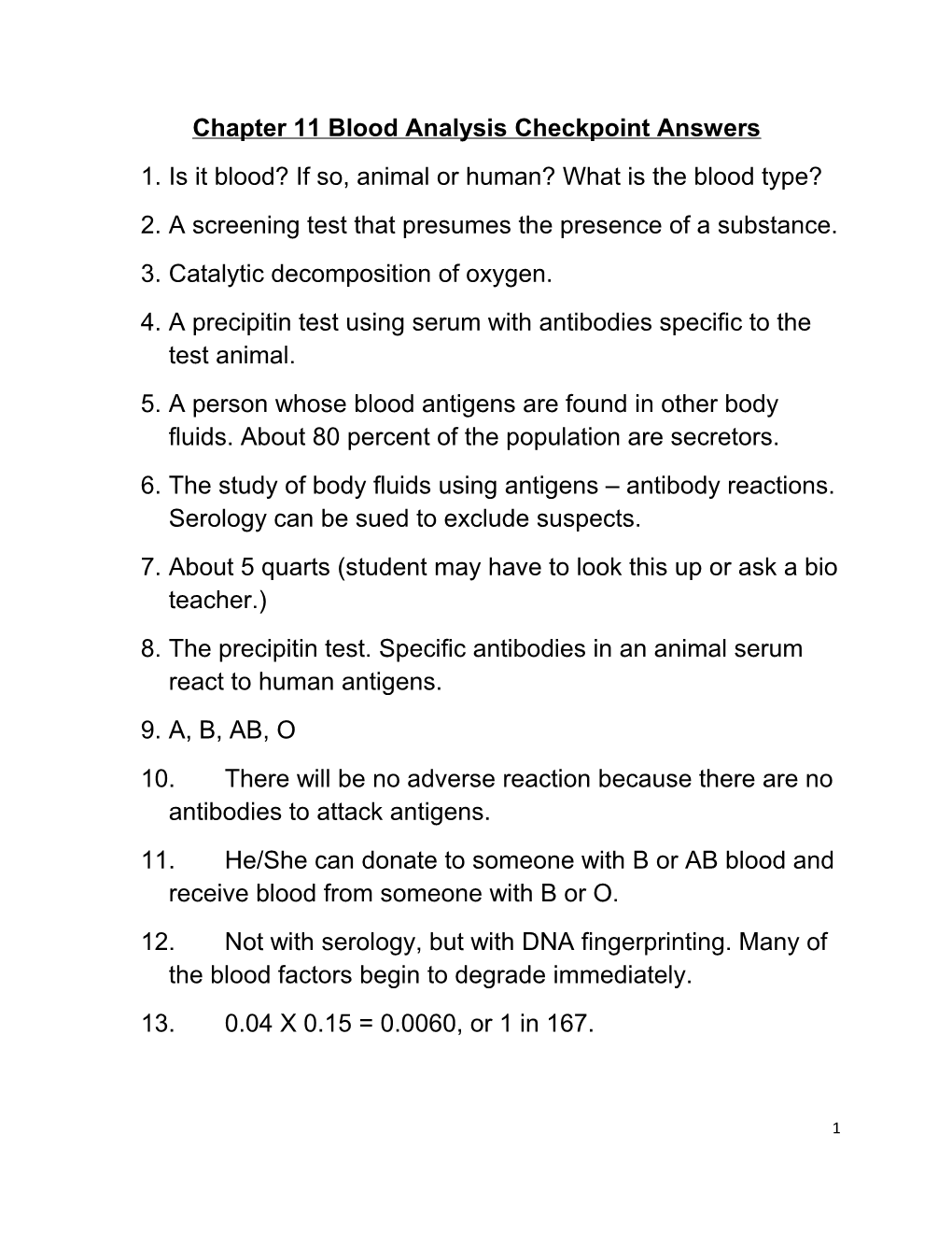 Chapter 11 Blood Analysis Checkpoint Answers