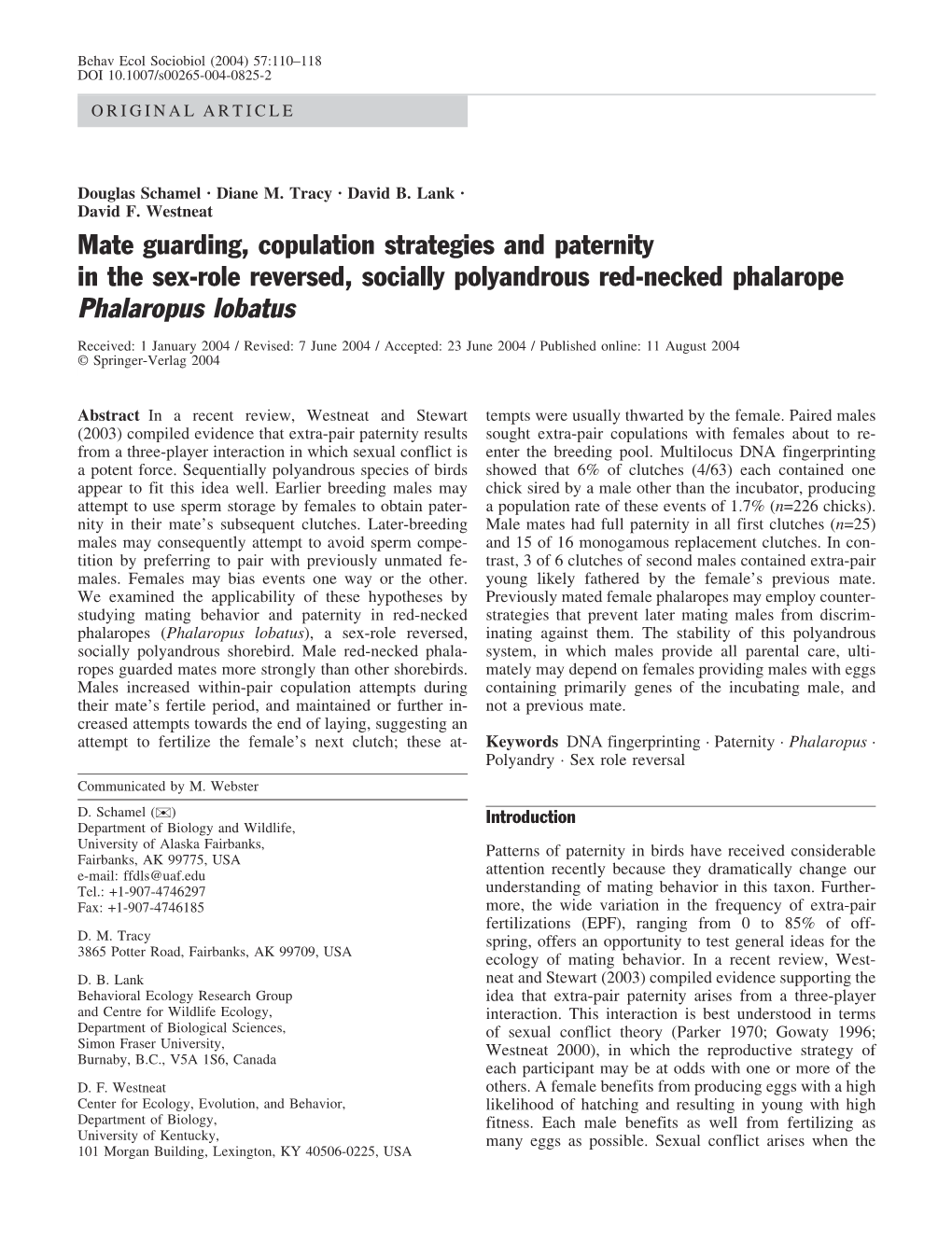 Mate Guarding, Copulation Strategies and Paternity in the Sex-Role Reversed, Socially Polyandrous Red-Necked Phalarope Phalaropus Lobatus