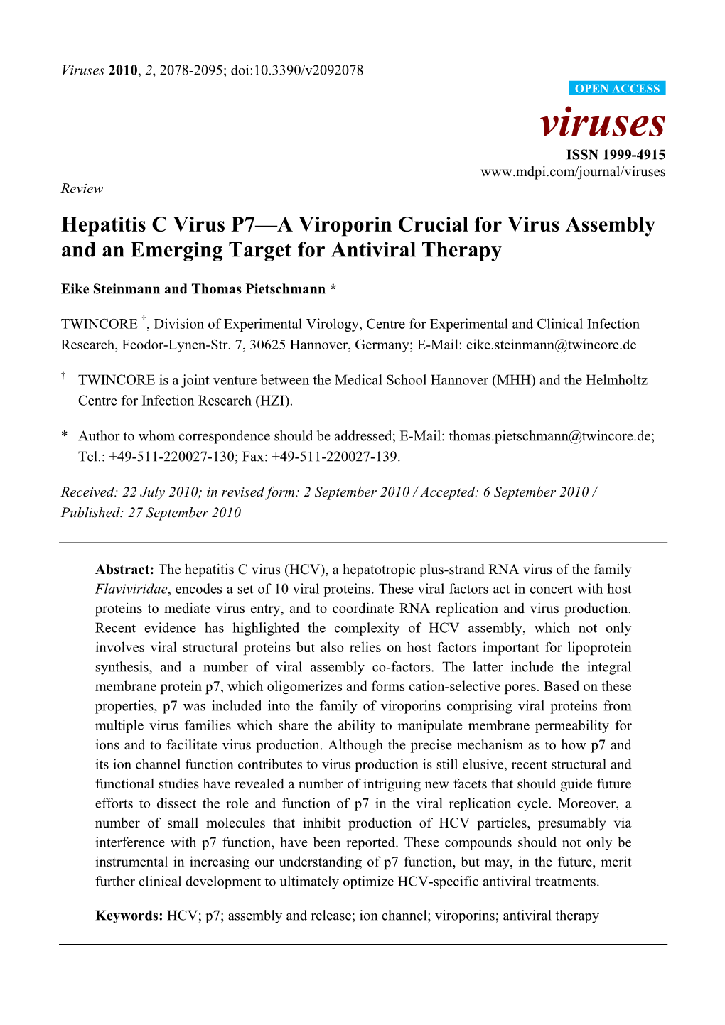 Hepatitis C Virus P7—A Viroporin Crucial for Virus Assembly and an Emerging Target for Antiviral Therapy