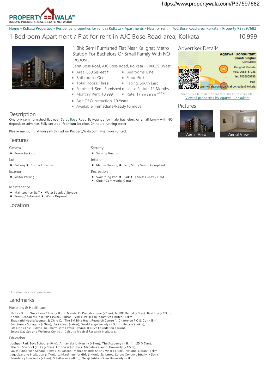 1 Bedroom Apartment / Flat for Rent in AJC Bose Road Area, Kolkata (P37597682)