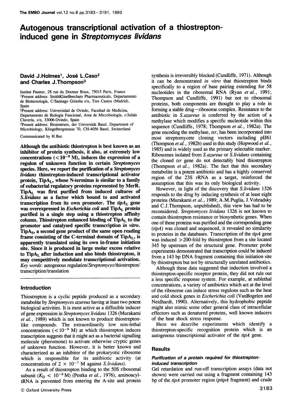 Autogenous Transcriptional Activation of a Thiostrepton- Induced Gene in Streptomyces Lividans