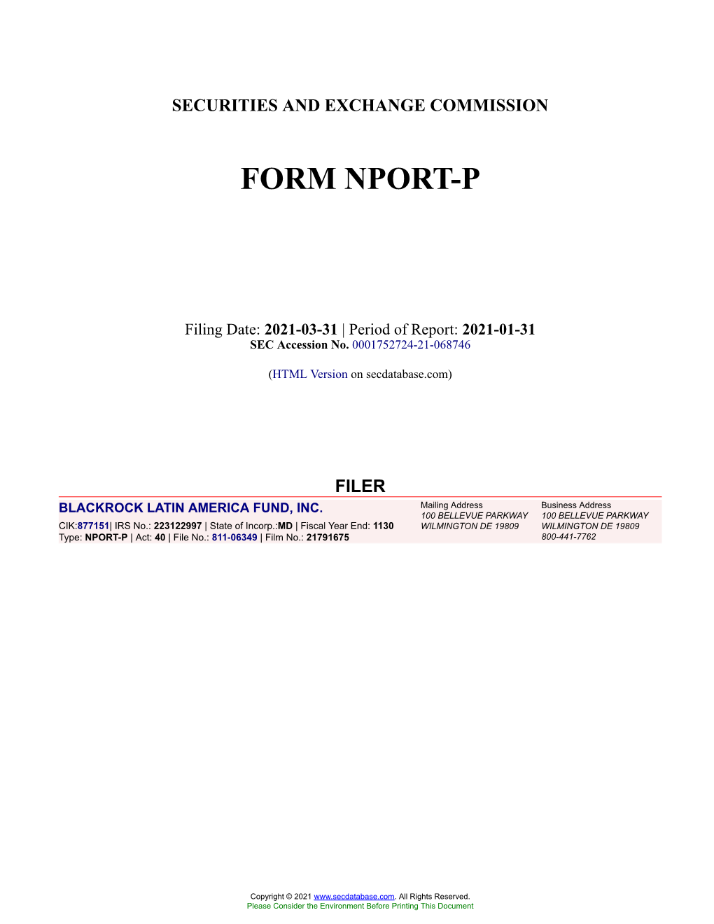 BLACKROCK LATIN AMERICA FUND, INC. Form NPORT-P Filed 2021-03-31