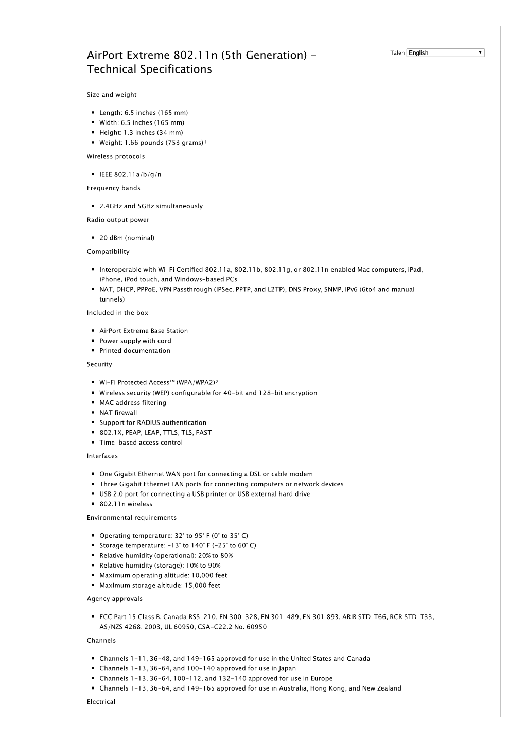 Airport Extreme 802.11N (5Th Generation) - Talen English Technical Specifications