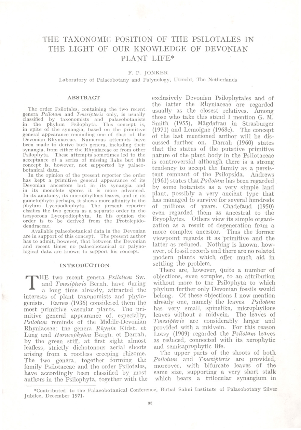 The Taxonomic Position of the Psilotales in the Light of Our Knowledge of Devonian Plant Life*