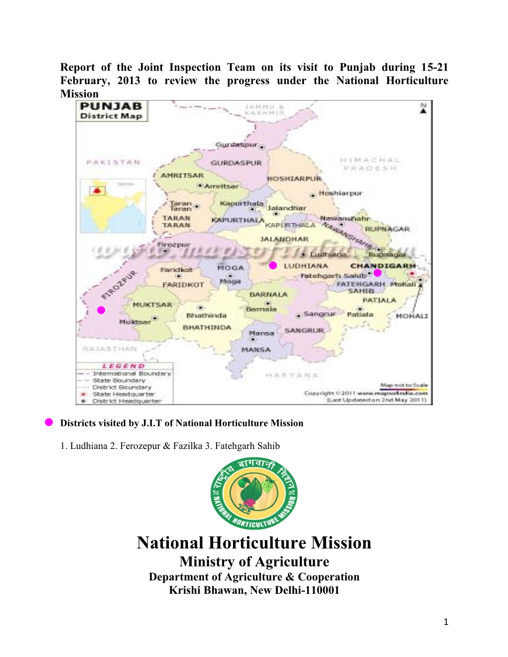 Report of the Joint Inspection Team on Its Visit to Punjab During 15-21 February, 2013 to Review the Progress Under the National Horticulture Mission