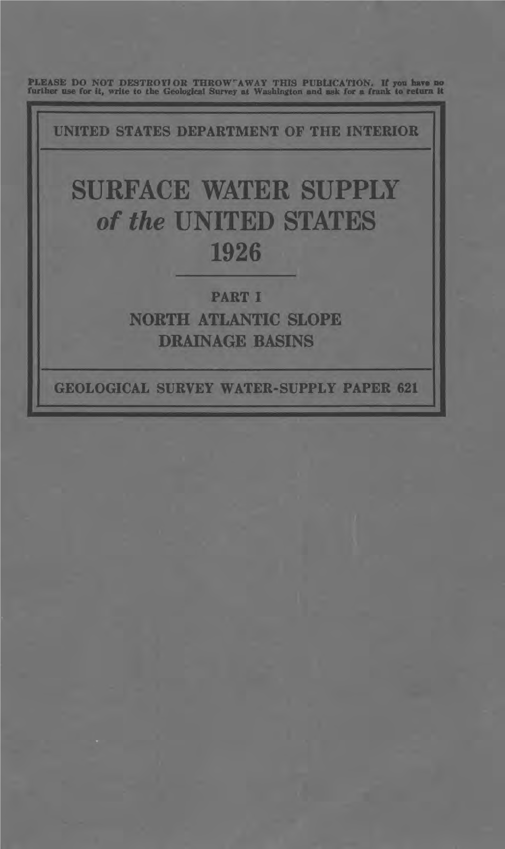 SURFACE WATER SUPPLY of the UNITED STATES 1926