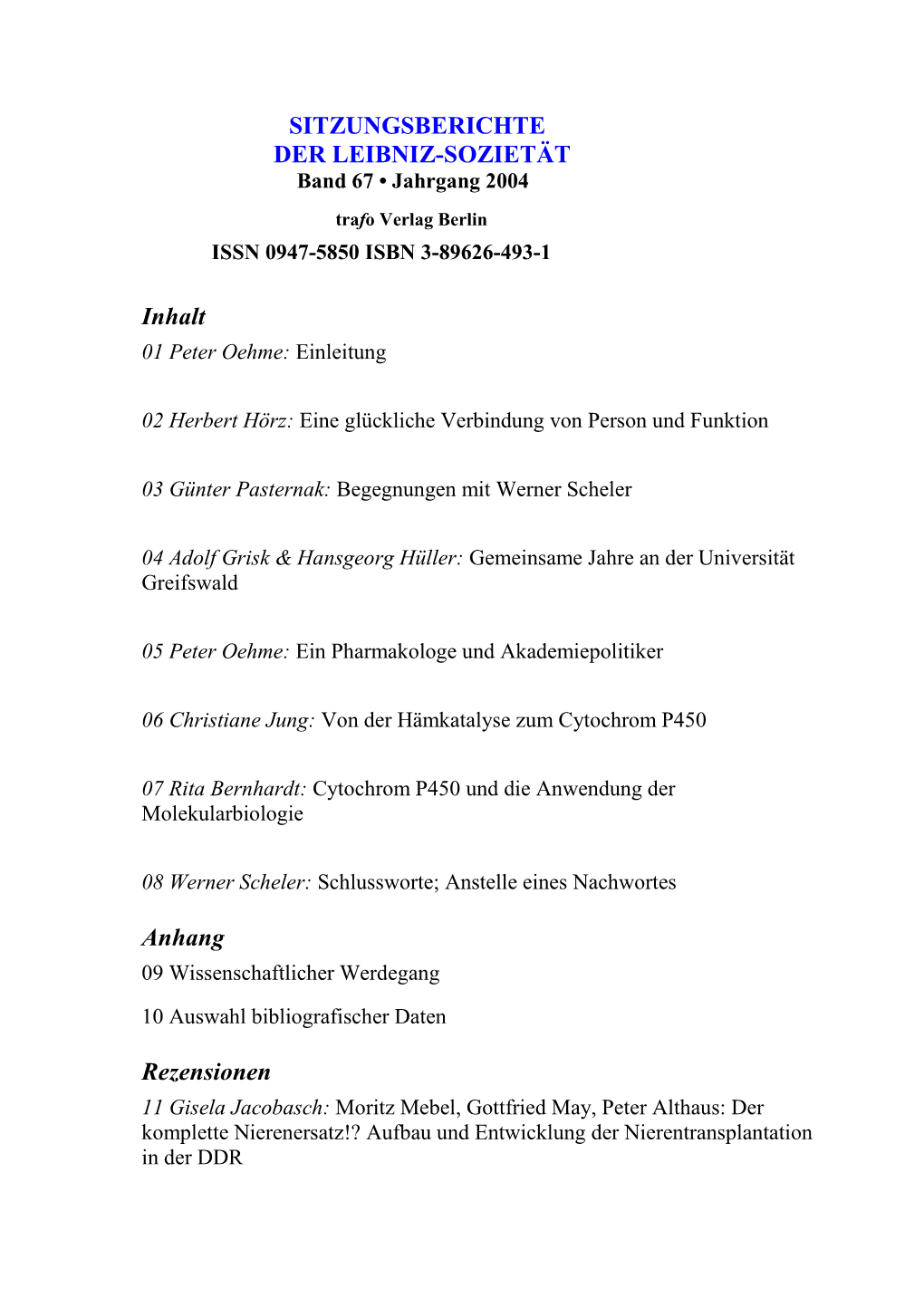 Sitzungsberichte Der Leibniz-Sozietät, Jahrgang 2004, Band 67