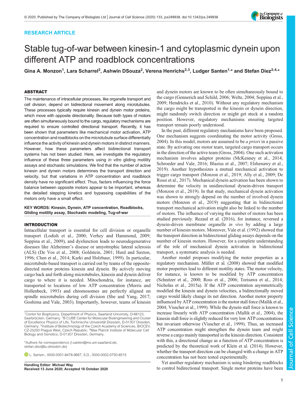 Stable Tug-Of-War Between Kinesin-1 and Cytoplasmic Dynein Upon Different ATP and Roadblock Concentrations Gina A