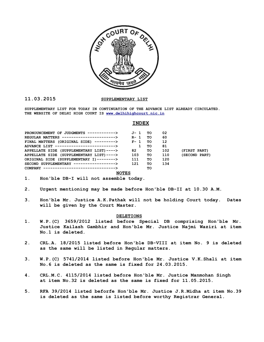 NOTES 1. Hon'ble DB-I Will Not Assemble Today. 2. Urgent