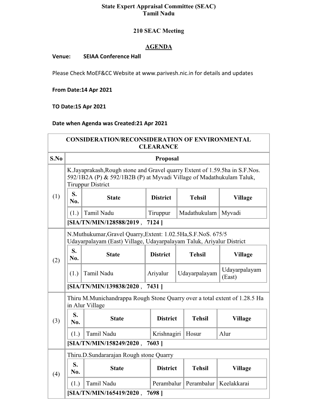 Tamil Nadu 210 SEAC Meeting AGENDA Venue: SEIAA