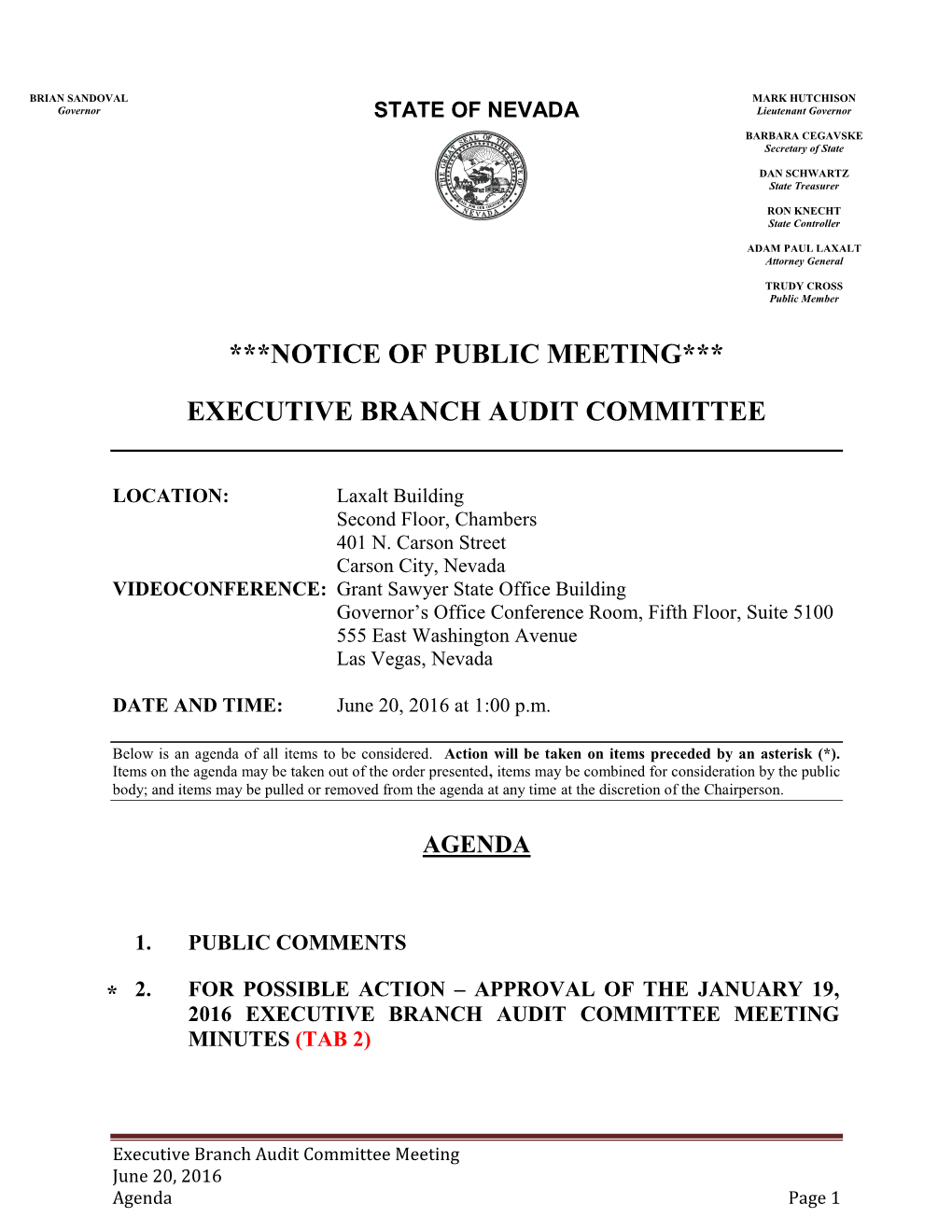 ***Notice of Public Meeting*** Executive Branch Audit