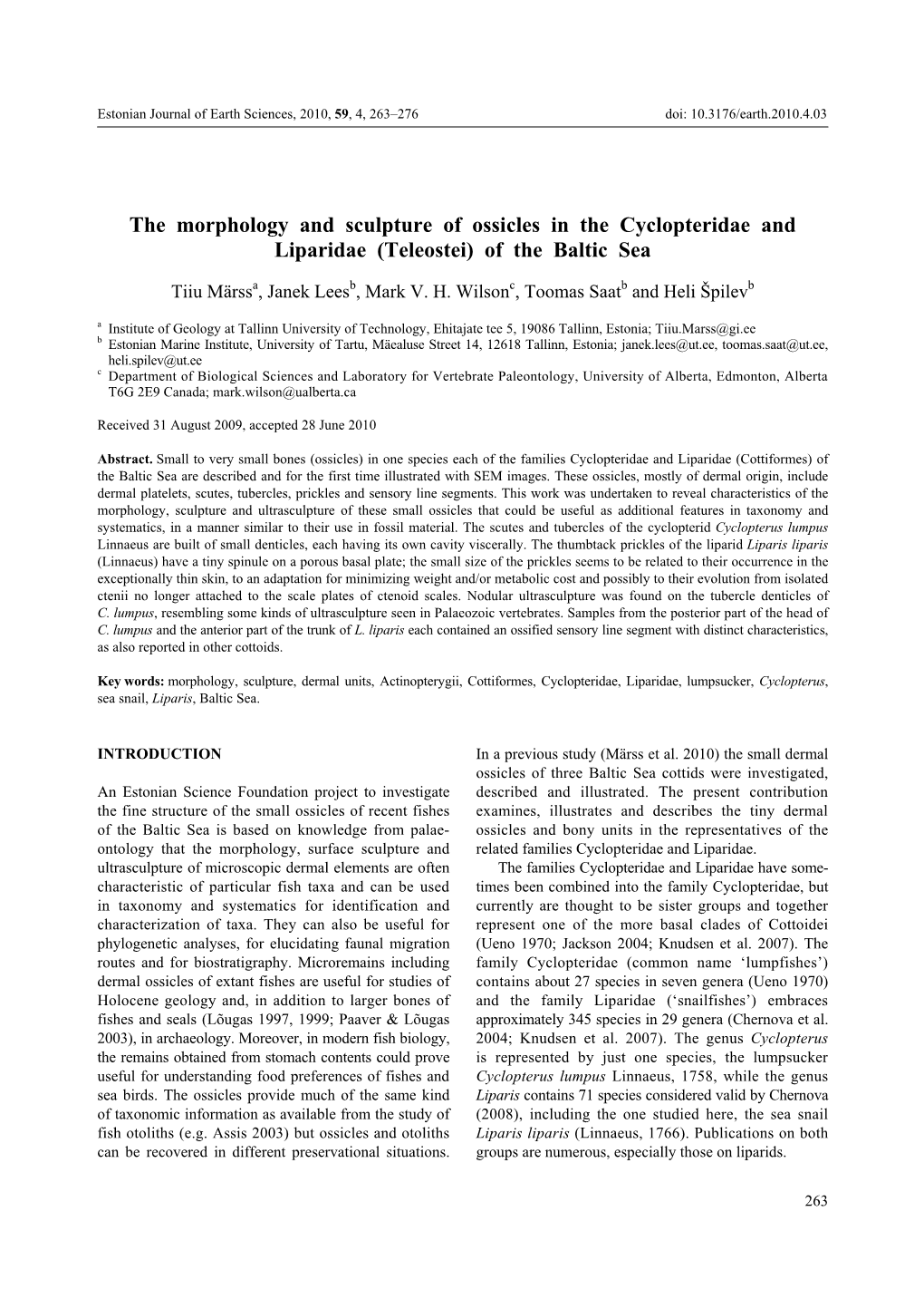 The Morphology and Sculpture of Ossicles in the Cyclopteridae and Liparidae (Teleostei) of the Baltic Sea