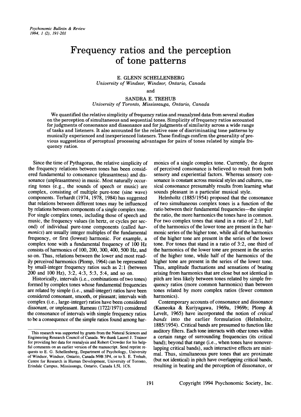 Frequency Ratios and the Perception of Tone Patterns