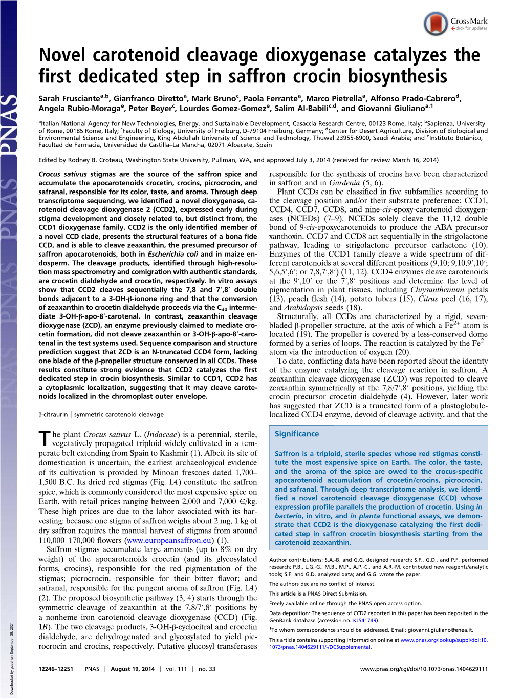 Novel Carotenoid Cleavage Dioxygenase Catalyzes the First Dedicated Step in Saffron Crocin Biosynthesis