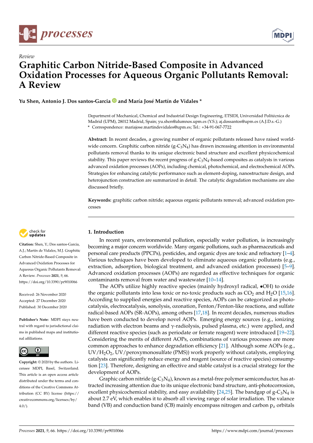 Graphitic Carbon Nitride-Based Composite in Advanced Oxidation Processes for Aqueous Organic Pollutants Removal: a Review