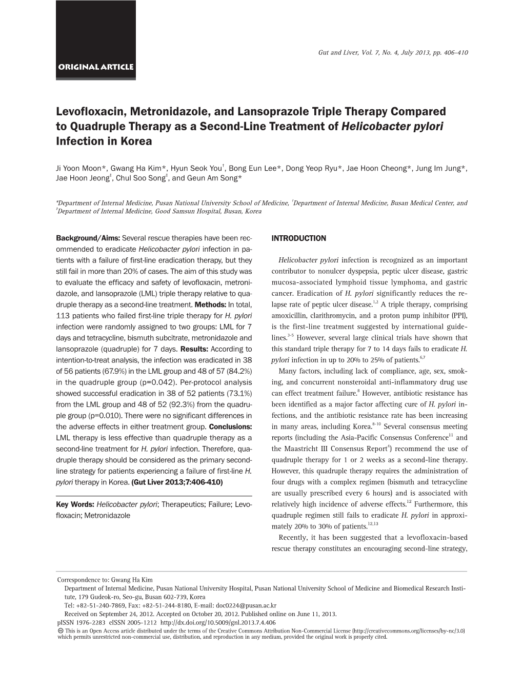 Levofloxacin, Metronidazole, and Lansoprazole Triple Therapy Compared to Quadruple Therapy As a Second-Line Treatment of Helicobacter Pylori Infection in Korea