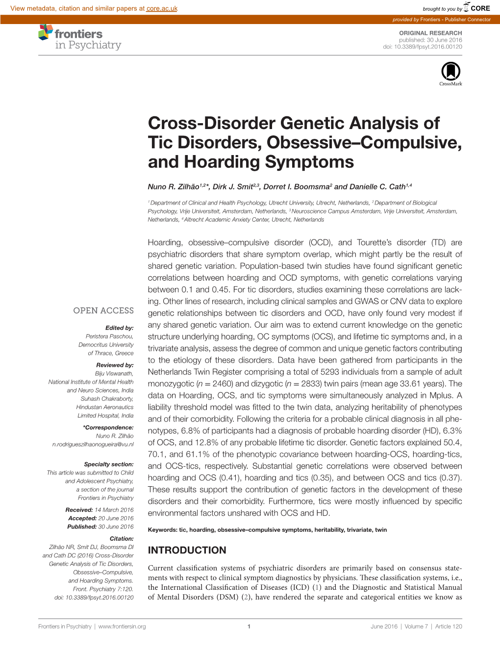 Cross-Disorder Genetic Analysis of Tic Disorders, Obsessive–Compulsive, and Hoarding Symptoms