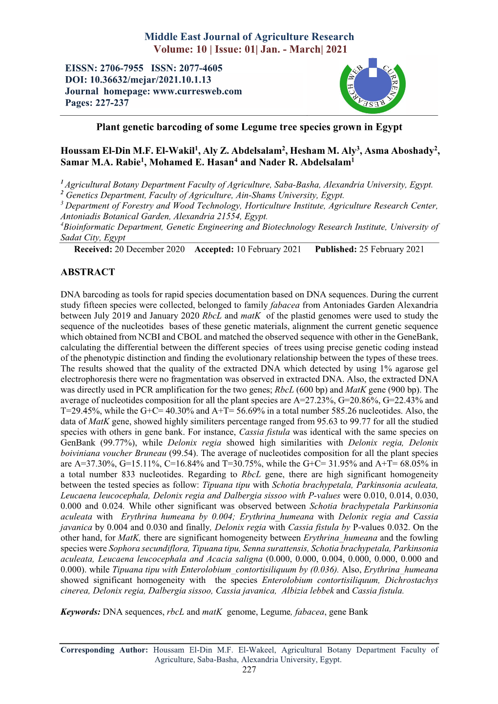 Middle East Journal of Agriculture Research Volume: 10 | Issue: 01| Jan