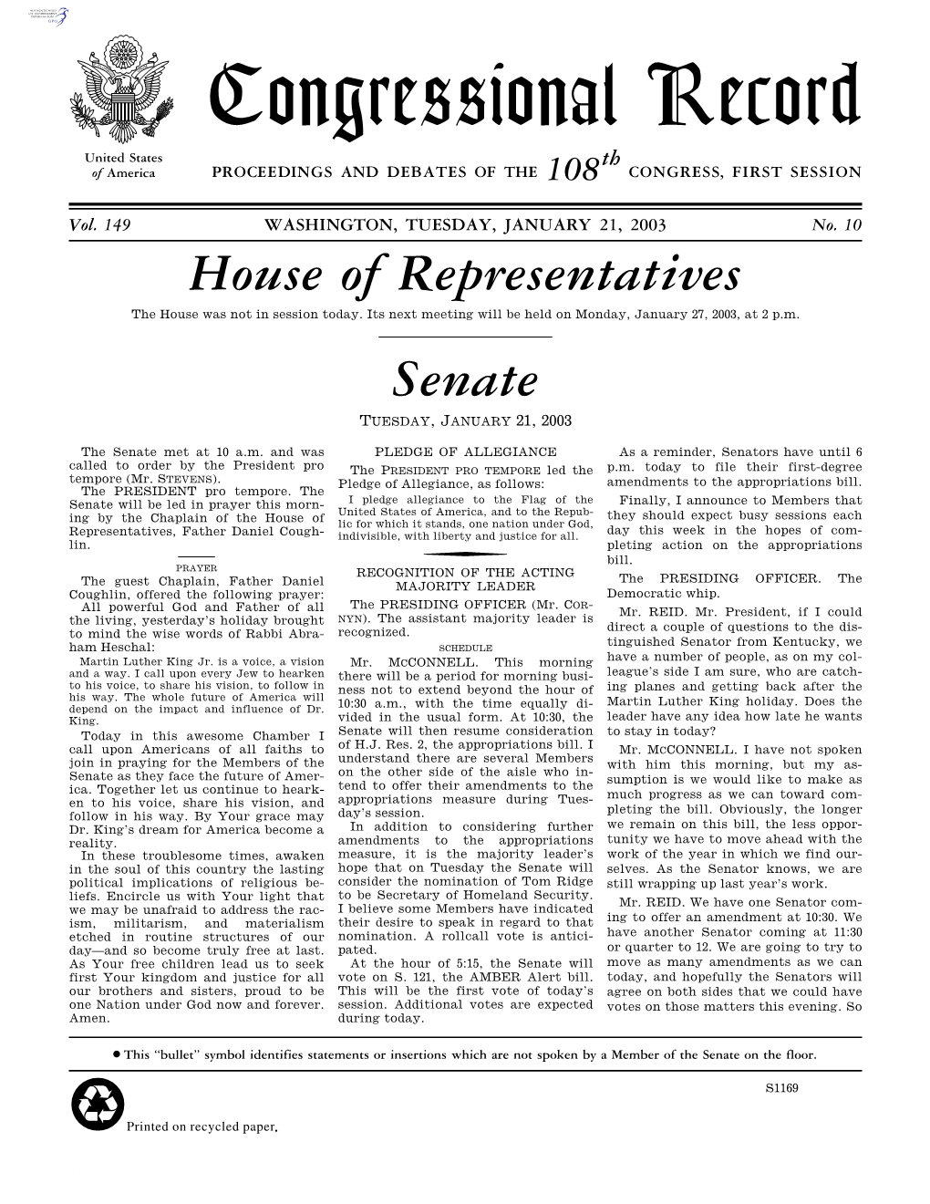 Congressional Record United States Th of America PROCEEDINGS and DEBATES of the 108 CONGRESS, FIRST SESSION