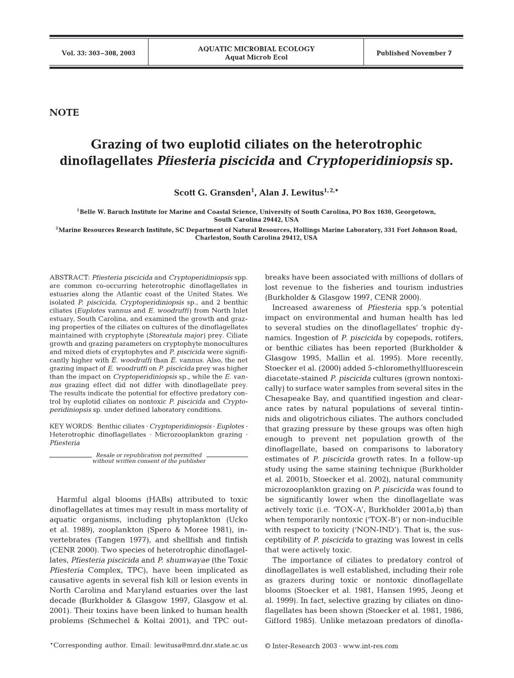 Grazing of Two Euplotid Ciliates on the Heterotrophic Dinoflagellates Pfiesteria Piscicida and Cryptoperidiniopsis Sp