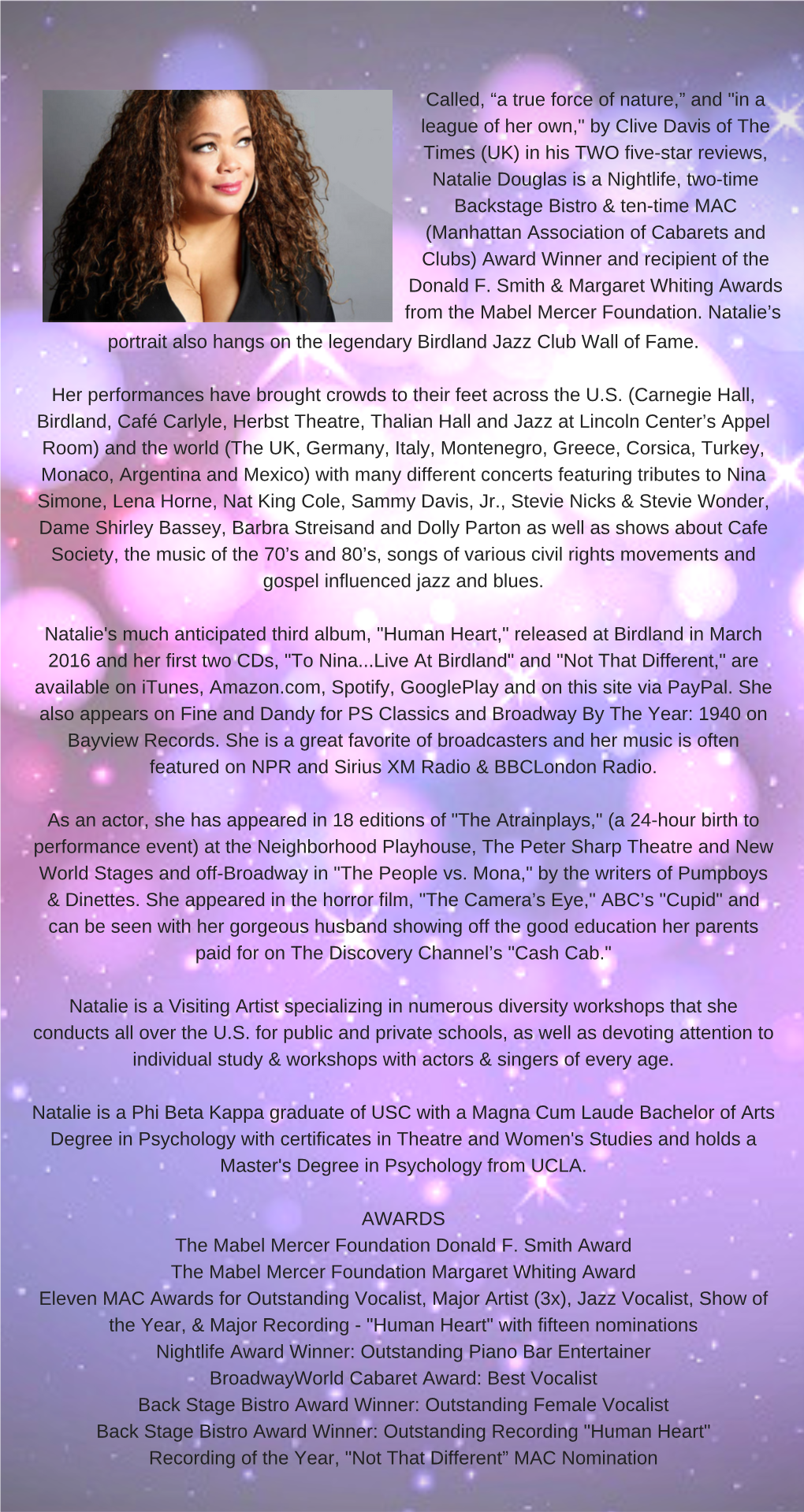 Natalie Douglas Is a Nightlife, Two-Time Backstage Bistro & Ten-Time MAC (Manhattan Association of Cabarets and Clubs) Award Winner and Recipient of the Donald F