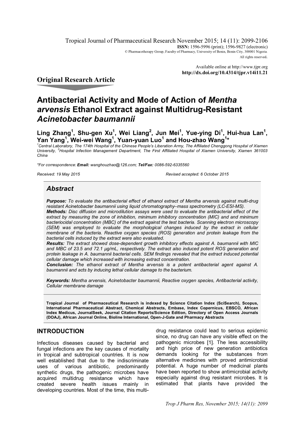 Antibacterial Activity and Mode of Action of Mentha Arvensis Ethanol Extract Against Multidrug-Resistant Acinetobacter Baumannii